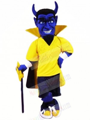 Blue Devil with Yellow Coat Mascot Costume Cartoon