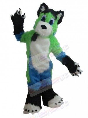 Long Fur Green and White and Blue Dog Mascot Costume Animal