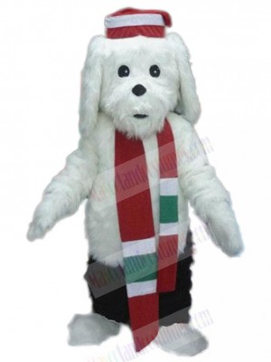 Long Fur White Dog Mascot Costume with Red Scarf