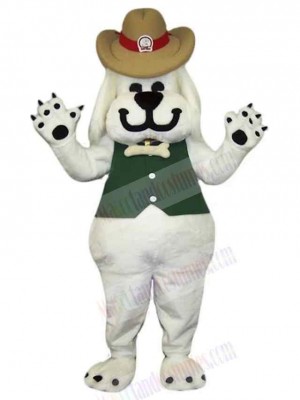 Smiling White Dog Mascot Costume Animal in Green Vest