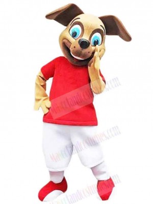 Happy Brown Dog Mascot Costume Animal in Red Clothes