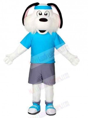 White Sport Dog Mascot Costume Animal in Blue T-shirt