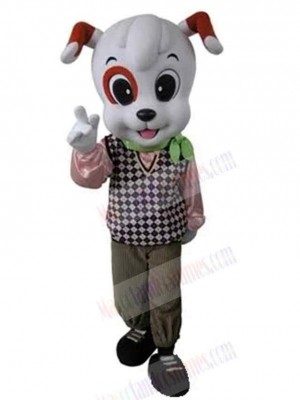 White Dog Mascot Costume Animal in Check Knitted Vest