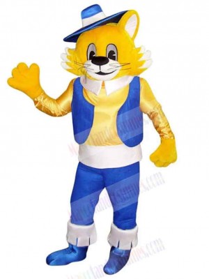 Yellow Cat Mascot Costume Animal in Blue Vest