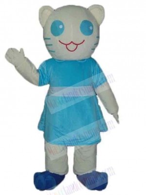 White Cat Mascot Costume Animal in Blue Dress