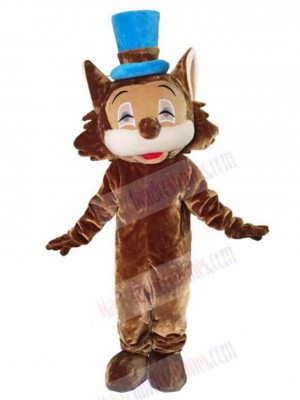Happy Brown Cat Mascot Costume Animal with Blue Hat