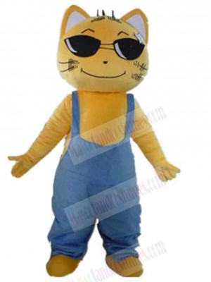 Smiling Yellow Cat Mascot Costume Animal in Blue Overalls