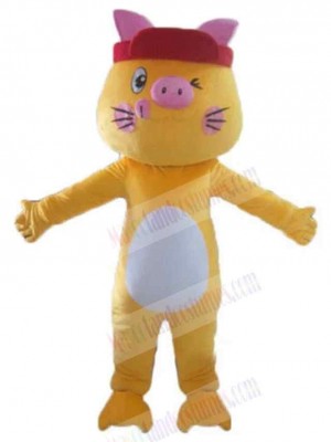 Yellow Cat Mascot Costume Animal with Pink Ears