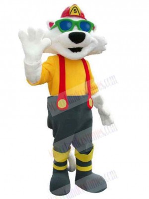 Fireman White Cat Mascot Costume with Green Glasses