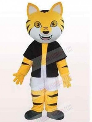 Black And Yellow Striped Cat Mascot Costume Animal in Black Clothes