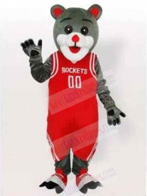 Happy Gray Cat Mascot Costume Animal in Red Basketball Clothes