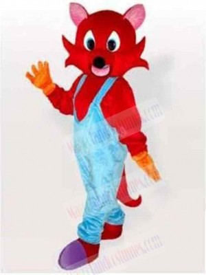 Red Cat Mascot Costume Animal in Blue Overalls
