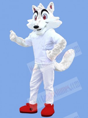 White Wolf Mascot Costume Animal with Red Eyes