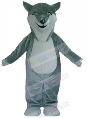 White and Gray Wolf Mascot Costume Animal with Green Eyes