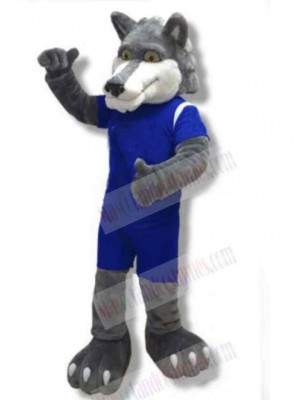 Power Grey Wolf Mascot Costume Animal in Blue Sportswear