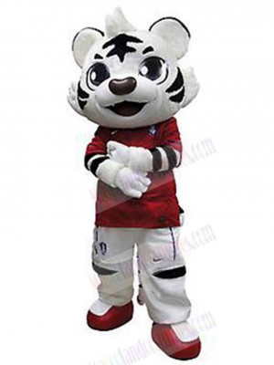 Black and White Tiger Mascot Costume Animal in Red Clothes