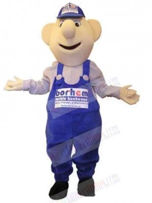 Cute Snowman Mascot Costume in Blue Overalls