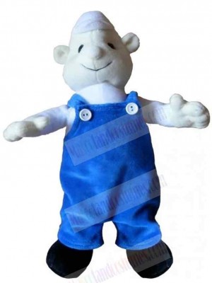 White Snowman Mascot Costume in Blue Overalls