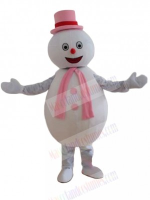 Snowman Mascot Costume with Pink Hat and Scarf