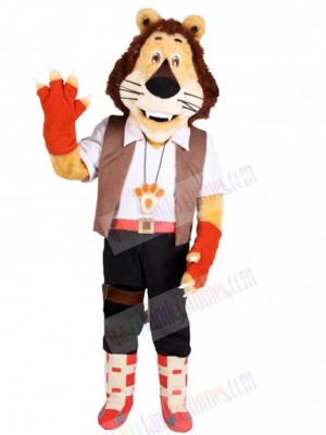 Happy Lion Mascot Costume Animal in Brown Vest