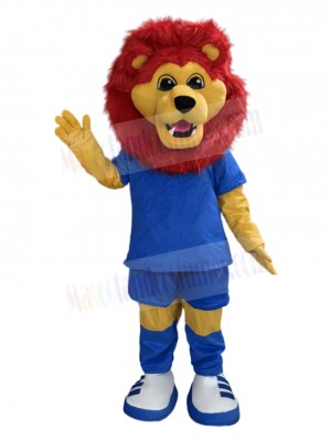 Red Mane Lion in Blue T-shirt Mascot Costume Animal