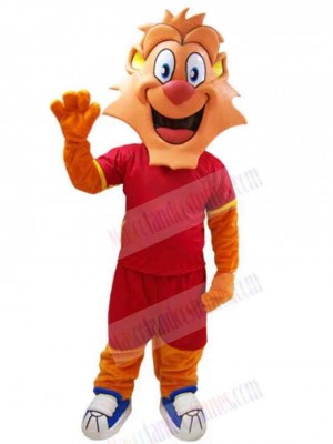 Happy Lion Mascot Costume Animal in Red Sportswear