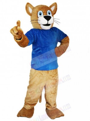Brown Leopard Mascot Costume Animal in Blue T-shirt