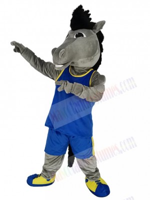 Gray Mustang Horse Mascot Costume Animal in Royal Blue Jersey