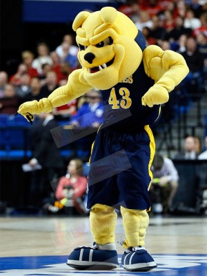 Fierce Yellow Bulldog Mascot Costume in Dark Blue Jersey