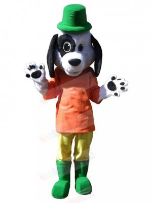 Cute Dalmatian Dog in Orange Mascot Costume with Green Hat Animal