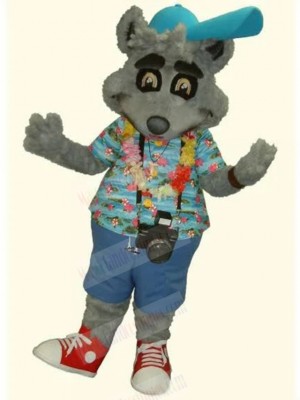 Gray Photographer Dog Mascot Costume with Blue Aloha Shirt Animal