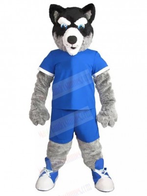 Black and Gray Husky Dog Mascot Costume in Blue Jersey Animal