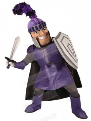 Grinning Knight in Purple Armor Mascot Costume People