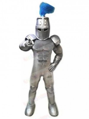 Silver Templar Knight with Blue Tassel Mascot Costume People