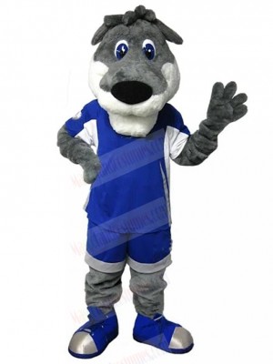 Gray Dog Mascot Costume in Blue Sport Suit Animal