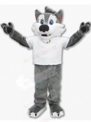 Smiling Gray Wolf Dog Husky Mascot Costume in White T-shirt Animal