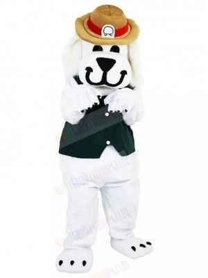 Smiling White Dog in Black Vest Mascot Costume with Brown Hat Animal