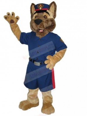 Brown German Shepherd Police Dog Mascot Costume in Blue Uniform Animal