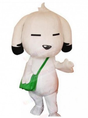 Long-eared White Dog Mascot Costume with Green Shoulder Bag Animal