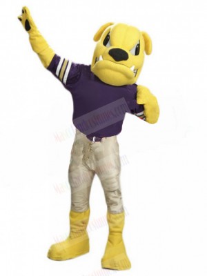 Fierce Yellow British Bulldog Mascot Costume in Beige Jeans Animal