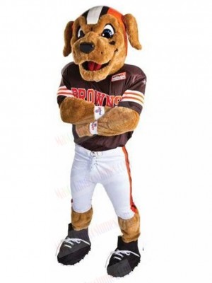 Cheerful Brown Dog Mascot Costume with American Football Jersey Animal
