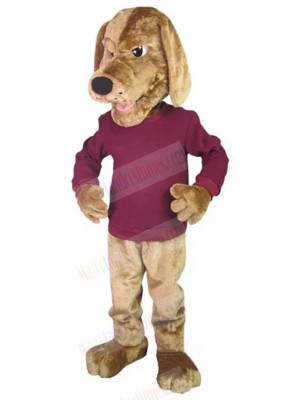 Serious Golden Pointer Dog Mascot Costume Animal in Dark Rose Red Shirt