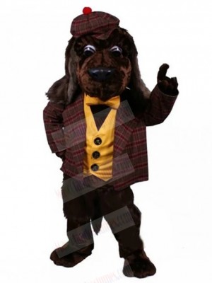 Dark Brown Dog Mascot Costume Animal in Wine Red Plaid suit