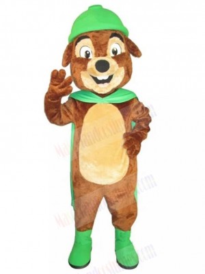 Happy Brown Dog Mascot Costume with Green Wearing Animal