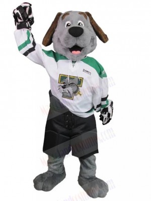 Smiling Grey Dog Mascot Costume in Goalkeeper Suit Animal