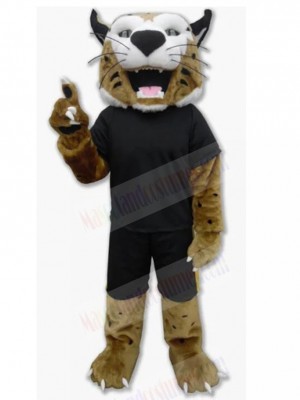 Khaki Bobcat Mascot Costume in Black Sports Suit Animal