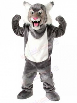 Energetic Grey and White Wild Cat Mascot Costume Animal