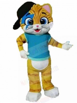 Yellow Tabby Cat Mascot Costume in Black Baseball Cap Animal