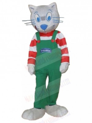 Snickering Grey Cat Mascot Costume in Green Overalls Animal