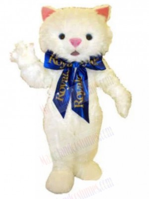 Hairy White Cat Mascot Costume with Blue Ribbon Animal